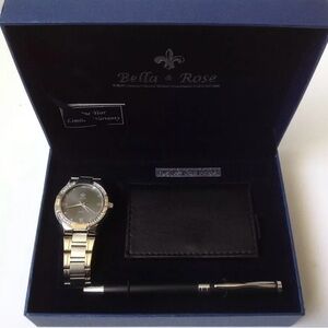 Silver Watch and Black Wallet Set